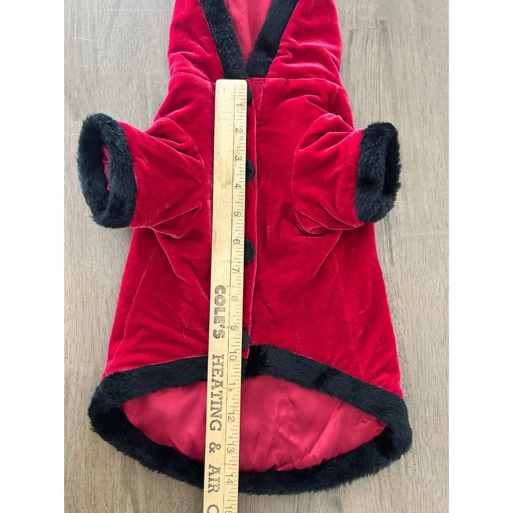 Pet Red Velvet Gold Embroidered Hooded Coat Faux Fur Trim Medium